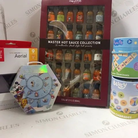 APPROXIMATELY 9 ASSORTED PRODUCTS TO INCLUDE; THOUGHTFULLY MASTER HOT SAUCE COLLECTION, DISNEY 100 CHARM BRACELT, ONE FOR ALL AERIAL AND BLUEY CHARADES