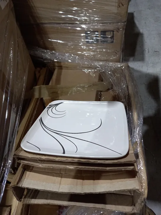 PALLET OF ASSORTED LIGHTING AND CROCKERY TO INCLUDE PLATES, MUGS, LAMP SHADES, AND BOWLS ETC.