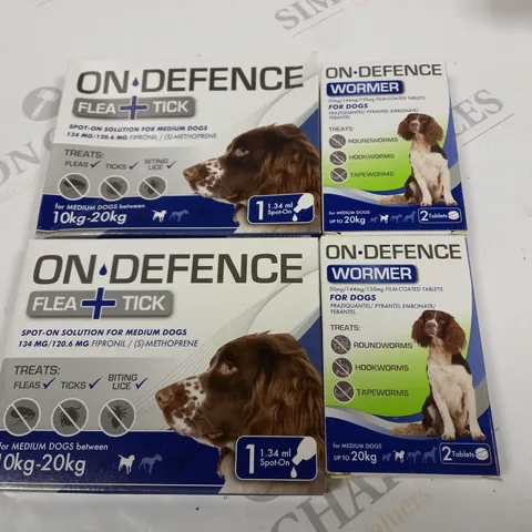 LOT OF 4 ON-DEFENCE MEDIUM DOG CARE ITEMS TO INCLUDE DEWORMER AND FLEA/TICK SOLUTION