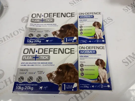 LOT OF 4 ON-DEFENCE MEDIUM DOG CARE ITEMS TO INCLUDE DEWORMER AND FLEA/TICK SOLUTION