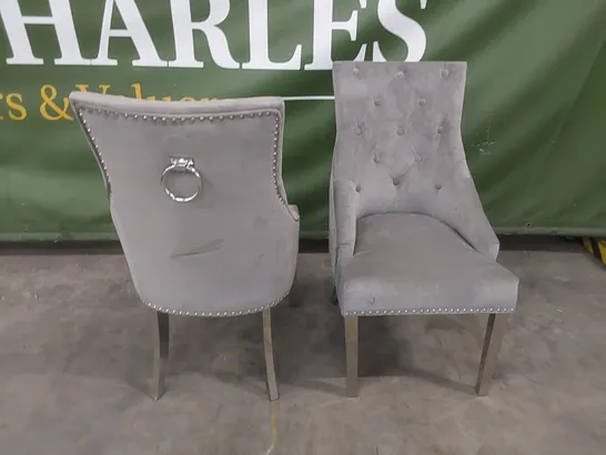 SET OF 2 IMPERIAL GREY VELVET BUTTON BACK DINING CHAIRS WITH CHROME LEGS 