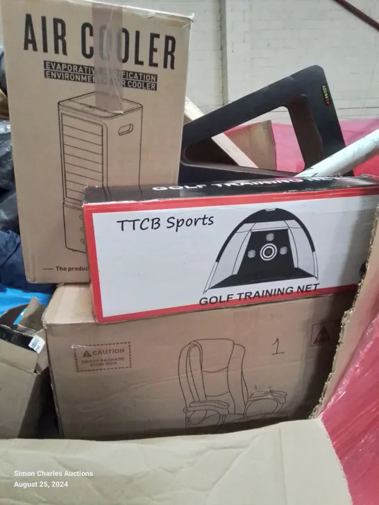 PALLET CONTAINING VARIOUS ITEMS TO INCLUDE GOLF TRAINING NET, OFFICE/GAMING CHAIR, AIR COOLER ETC.