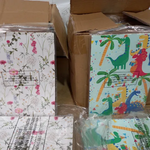 LOT OF LARGE QUANTITY OF GIFTWRAP & TAGS - 1 BOX OF DINOSAUR THEME AND 1 BOX OF FLORAL THEME