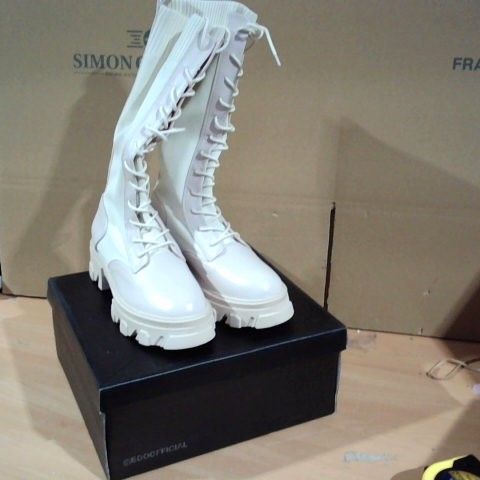 BOXED PAIR OF EGO SAINT BOOTS BEIGE/CREAM SIZE 5