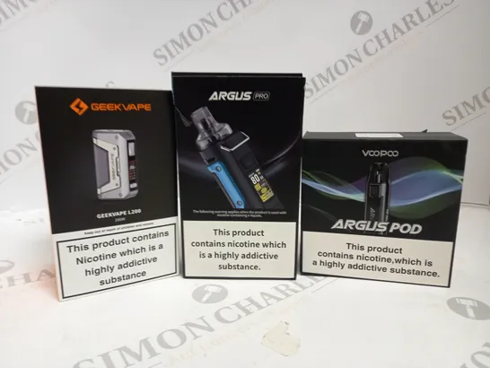 APPROXIMATELY 20 ASSORTED BOXED VAPING PRODUCTS TO INCLUDE GEEKVAPE L200, VOOPOO ARGUS PRO, VOOPOO ARGUS POD ETC. 