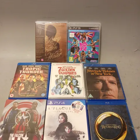 BOX OF APPROXIMATELY 20 ASSORTED ITEMS TO INCLUDE - BLUE RAY DISC THE LORD OF THE RINGS THE RETURN OF THE KING , PS4 PLAGUE TALE A INNOCENCE ,PS3 LONDON OLYMPICS ETC