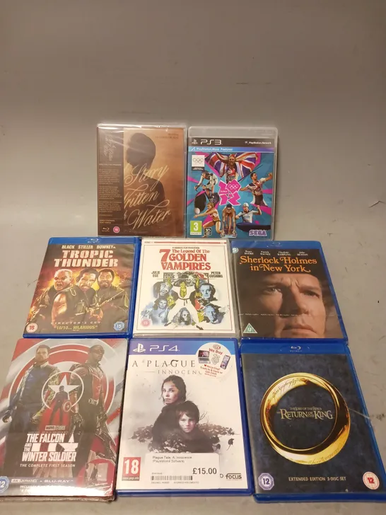 BOX OF APPROXIMATELY 20 ASSORTED ITEMS TO INCLUDE - BLUE RAY DISC THE LORD OF THE RINGS THE RETURN OF THE KING , PS4 PLAGUE TALE A INNOCENCE ,PS3 LONDON OLYMPICS ETC