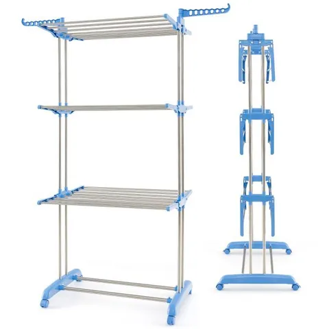 BOXED COSTWAY 4 TIER FOLDABLE CLOTHES DRYING RACK - BLUE