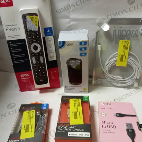LOT OF APPROX 25 ASSORTED ITEMS TO INCLUDE ONE FOR ALL UNIVERSAL REMOTE, MIXX USB CABLE. JUICEXXL CABLE