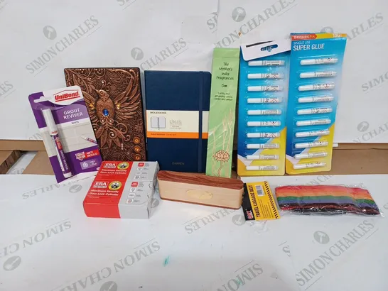 BOX TO CONTAIN APPROXIMATELY 30 ASSORTED HOUSEHOLD PRODUCTS, INCLUDES NOTEBOOKS, GLUE, LOCKS ETC