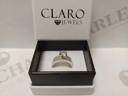 CLARO JEWELS 925 STERLING SILVER CLAW SET CZ SOLITAIRE BAGUETTE SHOULDERS RING - SIZE R