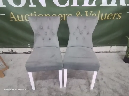 PAIR BEWLEY GREY VELVET BUTTONED BACK DINING CHAIRS WHITE LEGS