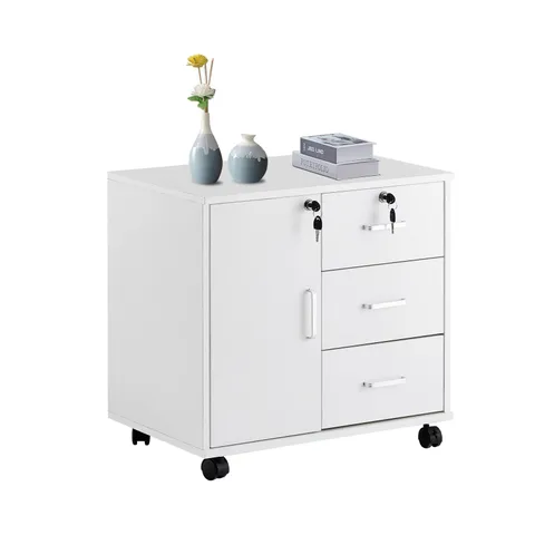 BOXED OFCASA LOCKABLE MOBILE FILE CABINET WITH 3 DRAWERS AND 1 DOOR // WHITE (1 BOX)