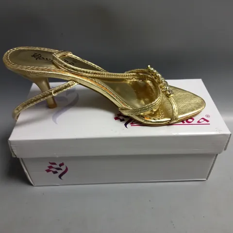 BOXED AVANDA LADIES GOLD SLING BACK SANDALS WITH CRYSTAL DETAIL. SIZE EU 36