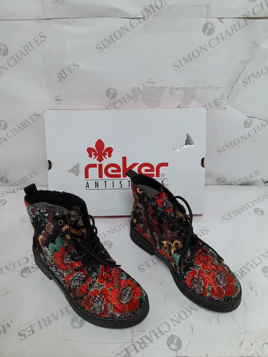 BOXED PAIR OF RIEKER LACE UP BOOTS MULTI/FLORAL PATTERN - SIZE 5