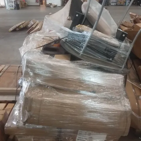 PALLET OF ASSORTED ITEMS INCLUDING BLACK TABLE, CHRISTMAS DECORATIONS AND FLATPACK FURNITURE 