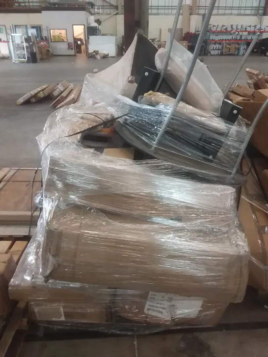 PALLET OF ASSORTED ITEMS INCLUDING BLACK TABLE, CHRISTMAS DECORATIONS AND FLATPACK FURNITURE 