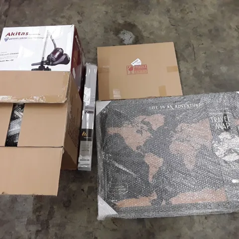 PALLET OF ASSORTED PRODUCTS INCLUDING TRAVEL MAP, WALL MIRROR, VACUUM CLEANER, DAY AND NIGHT ROLLER BLIND, SAFE