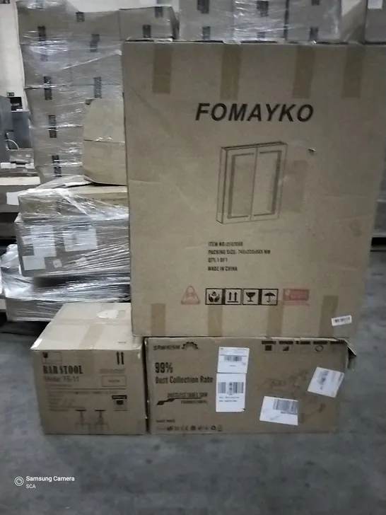 PALLET OF ASSORTED BOXED ITEMS INCLUDING FOMAYKO CABINET, SAWKISM CHOPSAW AND TOPOWER BAR STOOLS