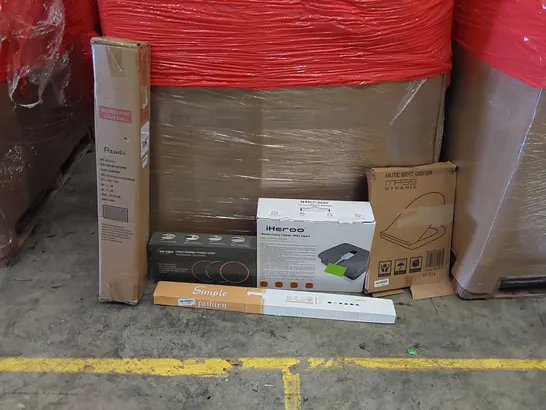 PALLET OF ASSORTED ITEMS INCLUDING: ELECTRIC BLANKET, FITNESS HOOP, CHAIR MAT, TOILET SEAT, WINDOW BLINDS