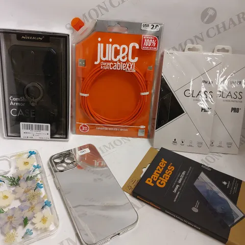 BOX OF APPROX 20 ITEMS TO INCLUDE PANZER GLASS PROTECTOR, ASSORTED CHARGING LEADS AND ASSORTED CASES