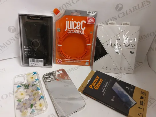 BOX OF APPROX 20 ITEMS TO INCLUDE PANZER GLASS PROTECTOR, ASSORTED CHARGING LEADS AND ASSORTED CASES