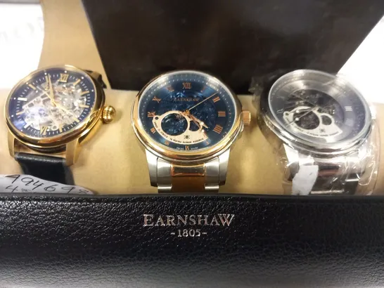 BOXED EARNSHAW 1805 COLLECTION OF THREE ASSORTED WRIST WATCHES WITH GENUINE LEATHER POUCH