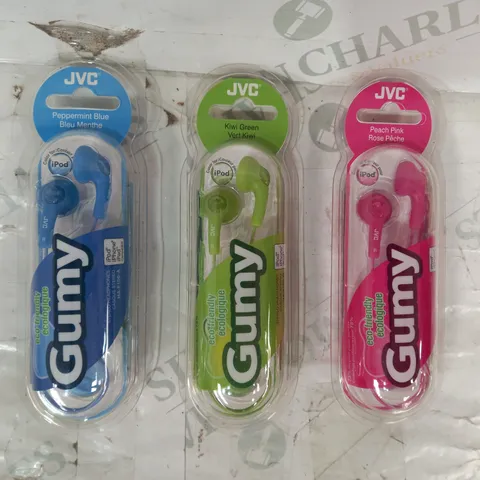 BOX OF APPROXIMATELY 20 ASSORTED JVC GUMY STEREO HEADPHONES IN VARIOUS COLOURS