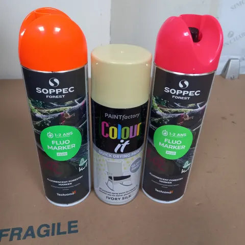 APPROXIMATELY 15 AEROSOL SPRAY PAINT CANS TO INCLUDE PAINT FACTORY AND SOPPEC FOREST