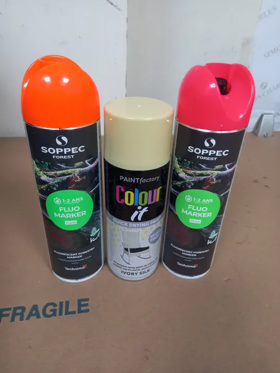 APPROXIMATELY 15 AEROSOL SPRAY PAINT CANS TO INCLUDE PAINT FACTORY AND SOPPEC FOREST