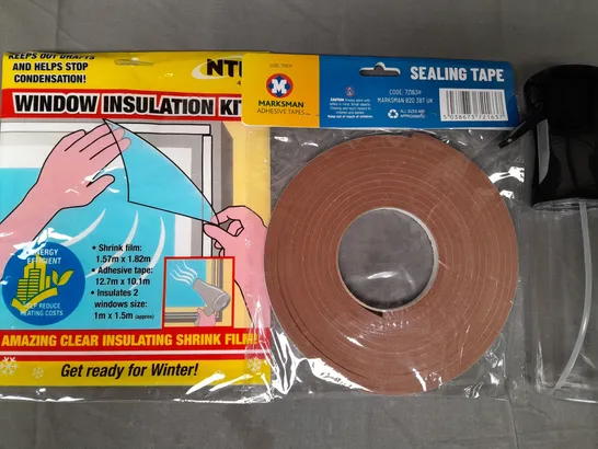 APPROXIMATELY 10 ASSORTED HOUSEHOLD ITEMS TO INCLUDE WINDOW INSULATION KIT, SEALING TAPE, SPRAY BOTTLE, ETC