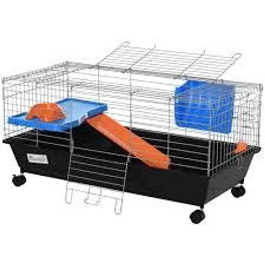 BOXED PAWHUT SMALL ANIMAL CAGE RABBIT GUINEA PIGS CHINCHILLAS CAGE W/ WHEELS WATER BOTTLE FOOD DISH PLATFORM RAMP 89 X 44 X 43 CM BLACK