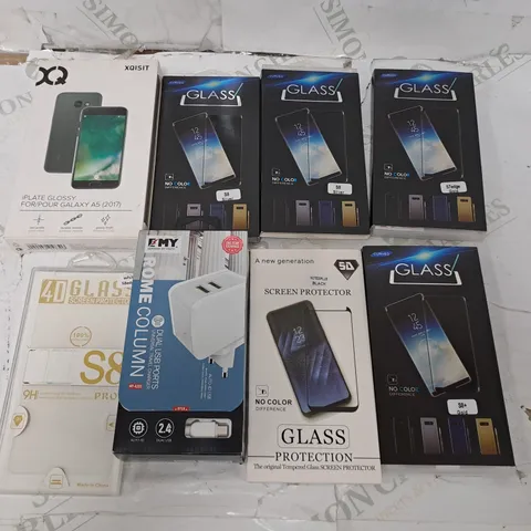 APPROXIMATELY 35 ASSORTED PHONE ACCESSORIES AND CASES TO INCLUDE XQISIT iPLATE GLOSSY CASE FOR SAMSUNG GALAXY A5, GLASS SCREEN PROTECTORS, EMY ROME COLUMN DUAL USB PORTS PLUG, ETC