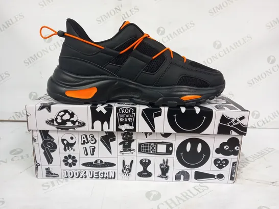 BOXED PAIR OF KOI TRAINERS IN BLACK/ORANGE SIZE 9