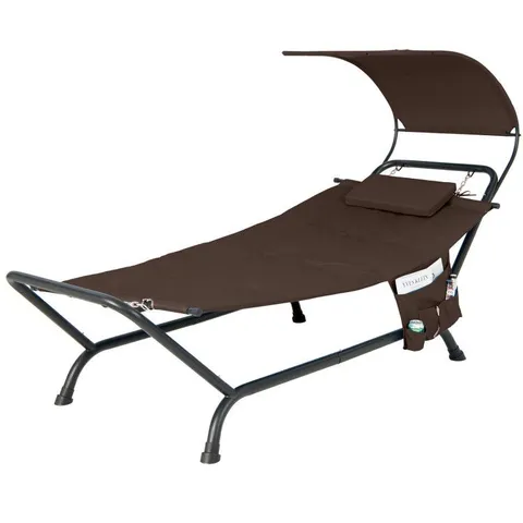 BOXED COSTWAY PATIO HANGING CHAISE LOUNGE W/ CANOPY, CUSHION, PILLOW & STORAGE BAG - BROWN