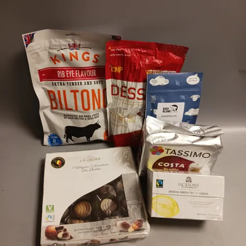 BOX OF APPROX 8 ASSORTED FOOD ITEMS TO INCLUDE - KINGS RIB EYE FLAVOUR BILTONG - CNP BISCOFF HIGH PROTEIN DESSERT MOUSSE - TASSIMA COSTA VANILLA LATTE ETC
