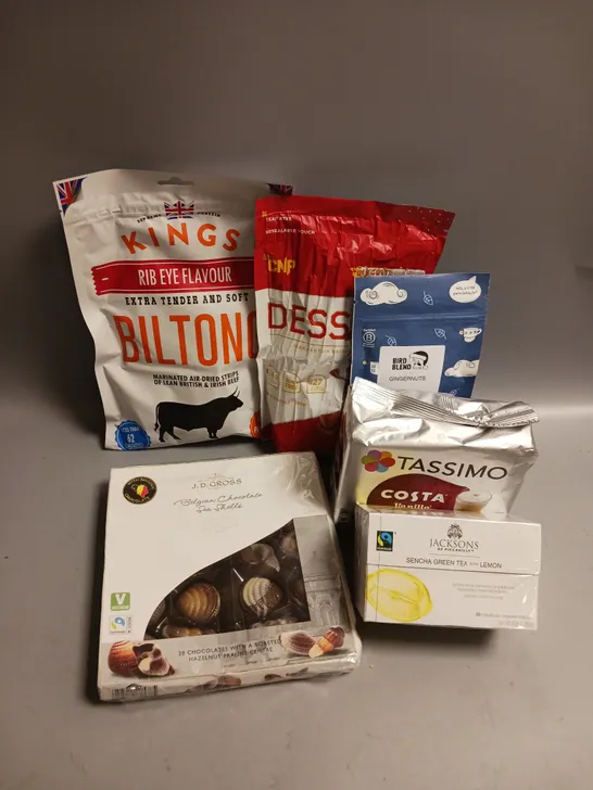 BOX OF APPROX 8 ASSORTED FOOD ITEMS TO INCLUDE - KINGS RIB EYE FLAVOUR BILTONG - CNP BISCOFF HIGH PROTEIN DESSERT MOUSSE - TASSIMA COSTA VANILLA LATTE ETC