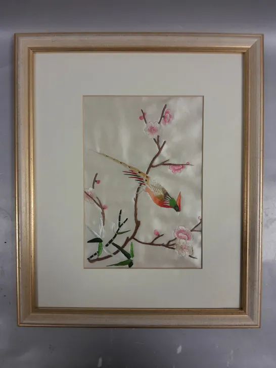 FRAMED EMBROIDERED BIRD & FLOWERS PICTURE	