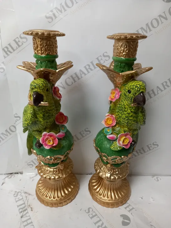 ALISON CORK SET OF 2 PARROT CANDLE STICKS IN GREEN 