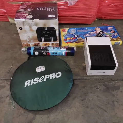 PALLET OF ASSORTED ITEMS INCLUDING: AIR FRYER, POP-UP TENT, CARPET PROTECTOR, CHILDREN'S MAP, ADJUSTABLE CURTAIN RAIL