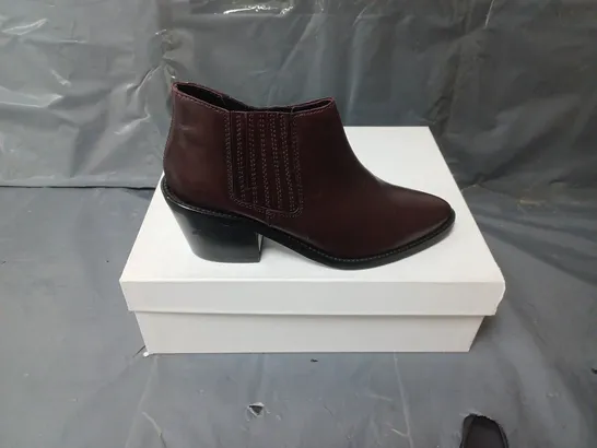 BOXED PAIR OF WOMENS WINE LEATHER ANKLE BOOTS SIZE 36