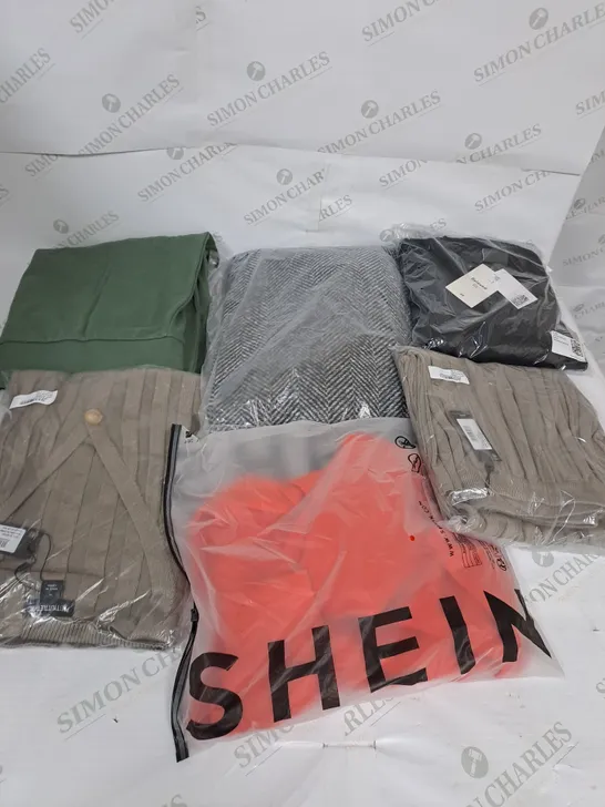 LARGE BOX OF ASSORTED CLOTHING ITEMS IN VARIOUS COLOURS AND SIZES INCLUDING TROUSERS , TOPS AND JUMPERS 