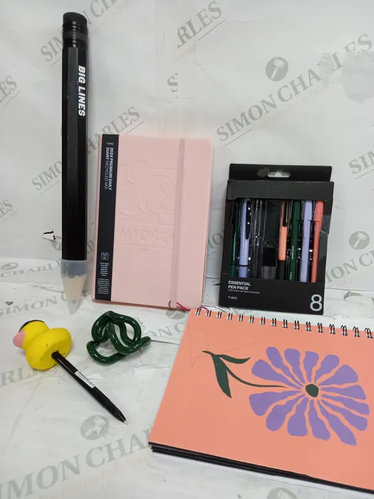 BOX OF APPROXIMATELY 15 ASSORTED ITEMS TO INCLUDE BIG LINES PENCIL, NOTEBOOK, PEN PACK ETC