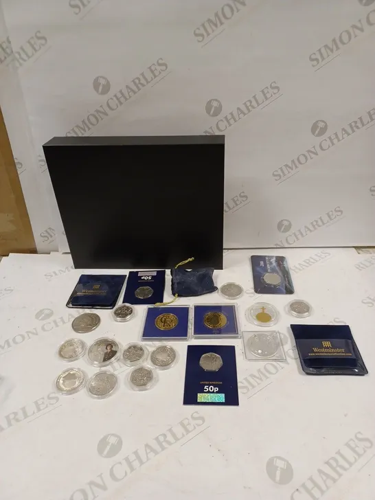 BOX TO CONTAIN APPROX. 20 X ASSORTED COMMEMORATIVE AND COLLECTORS COINS. DESIGNS VARY