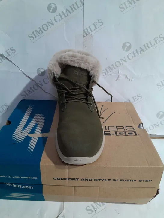 BOXED SKECHERS GO WALK STABILITY SUEDE BOOTS, OLIVE - SIZE 5 1/2