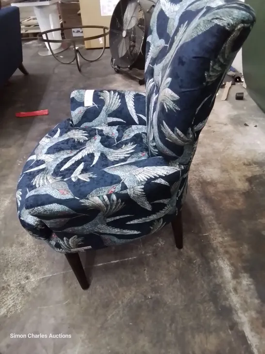 QUALITY BRITISH DESIGNER LOUNGE Co. UPHOLSTERED OCCASSIONAL CHAIR BIRDS OF PARADISE BLUE FABRIC 