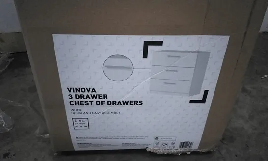 BOXED VINOVA 3 DRAWER CHEST OF DRAWERS WHITE 