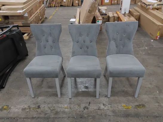 3 X ASSORTED DESIGNER GREY UPHOLSTERED BUTTON-BACK DINING CHAIRS 