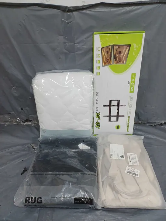 BOX OF APPROXIMATELY 10 ASSORTED ITEMS TO INCLUDE - V-STAR FLAT PANEL TV WALL MOUNT - M&S WATERPROOF COTTON QUILTED X2 PILLOW PROTECTORS - BLACK RUG - ETC