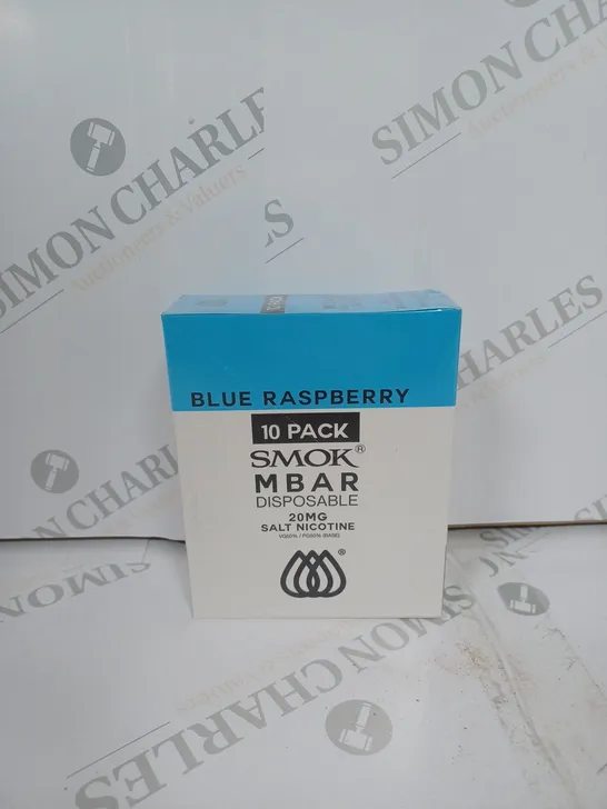 BOX OF APPROXIMATELY 10 BOXES OF BLUE RASPBERRY 10 PACK SMOK M BAR DISPOSABLE 20MG SALT NICOTINE - SEALED